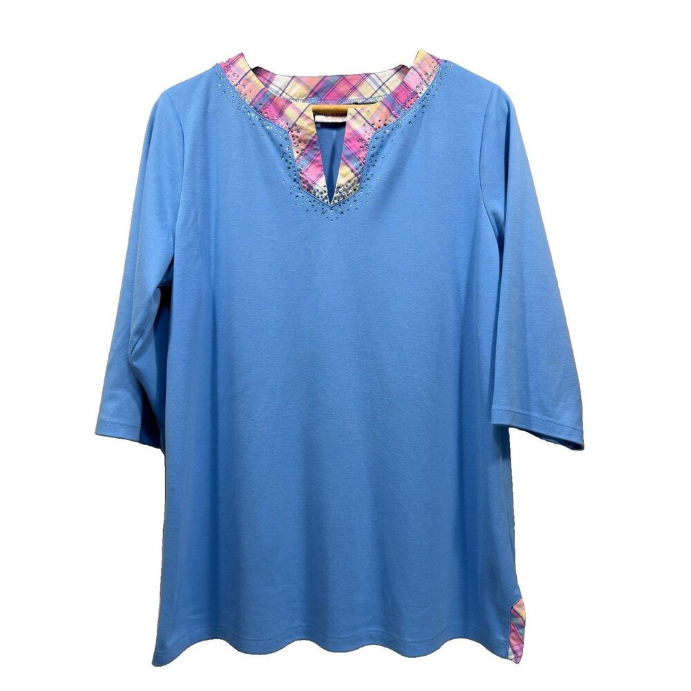 QUACKER FACTORY Womens Size L 3/4 Sleeves Rhinestone Plaid V-Neck Pullover Top
